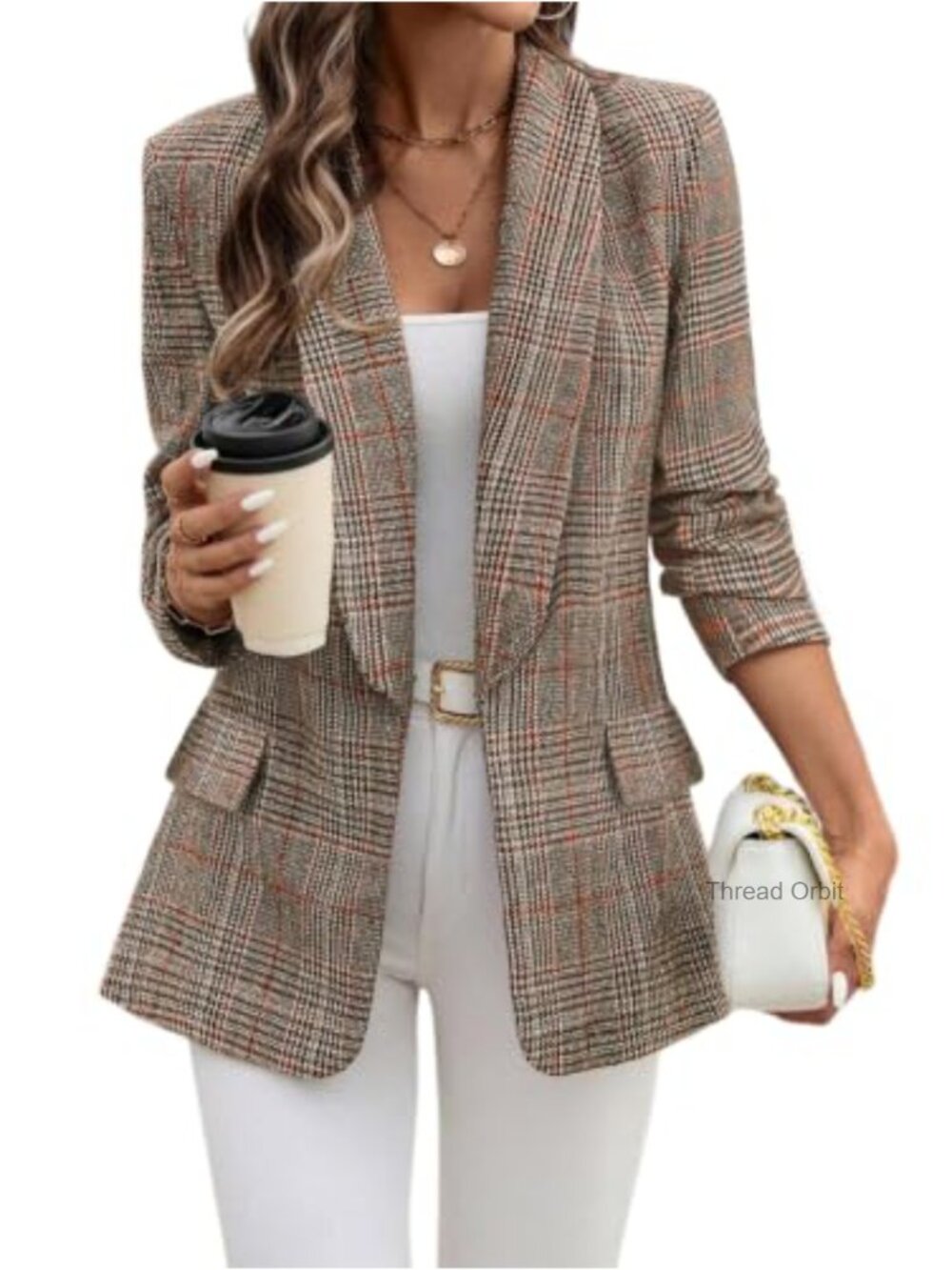 Women's Shawl Collar Plaid Blazer Open Front Business Casual